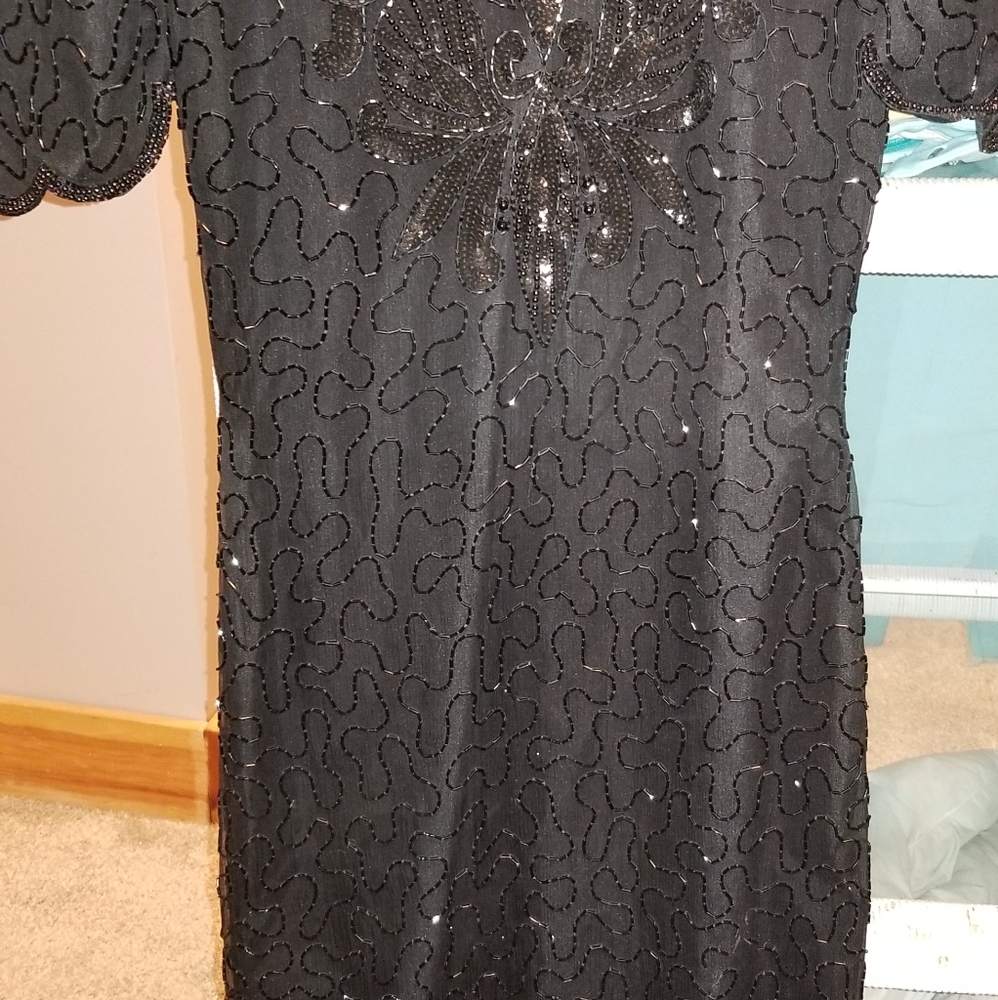 Black beaded short shift dress